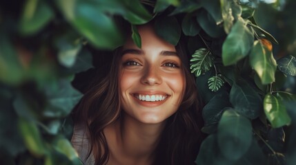 A portrait of a female influencer surrounded by vibrant green flowers. A confident female influencer in a striking and artistic look for the photograph.