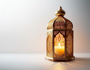 Ornamental Arabic lantern with burning candle glowing at night mosque background. Festive greeting card, invitation for Muslim holy month Ramadan 