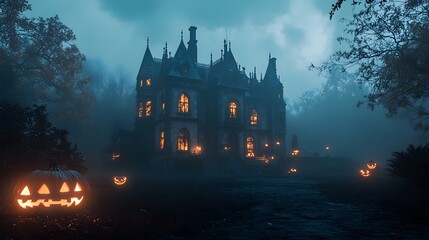 Wall Mural - A gothic mansion illuminated by high contrast lighting with glowing Halloween decorations and a misty scene creating a mysterious vibe