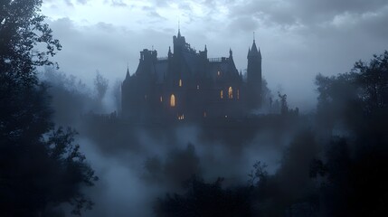 Wall Mural - A misty scene with a dark gothic mansion glowing windows and intricate Halloween decorations enhancing its eerie charm