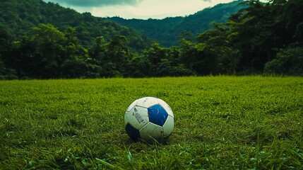 A deserted blue and white soccer ball lies on a lush green field, symbolizing abandoned sports and leisure activities. The vibrant colors of the ball stand out against the verdant surroundings