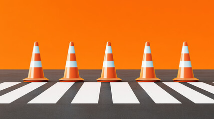 A row of orange and white traffic cones are lined up on a street