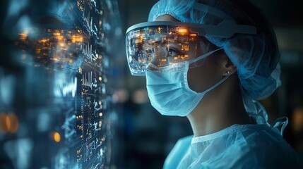 Poster - a healthcare professional wearing smart glasses observes patient history with holographic overlays i