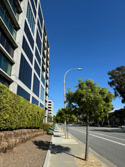 walking down a sidewalk beside a city street beneath a bright blue summery sky (lamp posts, buildings, trees, hedges, cars driving) - Culver City, California