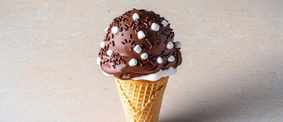 A chocolate ice cream cone dipped in marshmallow fluff and coated with chocolate sprinkles, photorealistic, hyper-resolution, fun and festive treat