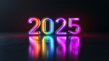 Wall Mural - Colorful 2025 numbers with reflections, symbolizing the upcoming year.