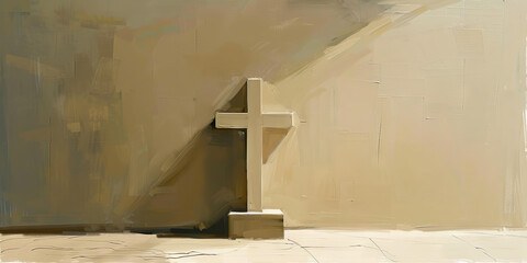 A minimalist painting of a cross against a neutral background, highlighting the symbol of Christianity.