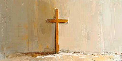 A minimalist painting of a cross against a neutral background, highlighting the symbol of Christianity.