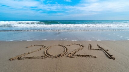 Wall Mural - The beach is a beautiful place with a clear blue sky and the ocean 2024 written in the sand