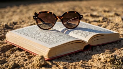 A pair of sunglasses is on top of an open book