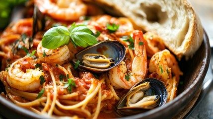 A close up of a classic Italian seafood pasta, with a rich tomato sauce, fresh clams, shrimp, and herbs, served with a side of crusty bread