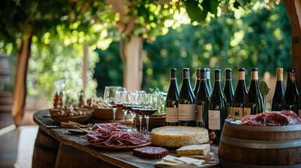 A picturesque Italian vineyard with a wine tasting setup, featuring a selection of Italian wines paired with artisanal cheeses and cured meats