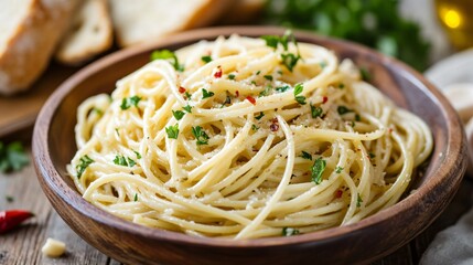 A traditional Italian pasta dish of spaghetti aglio e olio, featuring garlic, olive oil, red pepper flakes, and parsley, served with a side of crusty bread