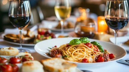 An elegant Italian dining experience with a multi-course meal featuring antipasti, pasta, main courses, and decadent desserts