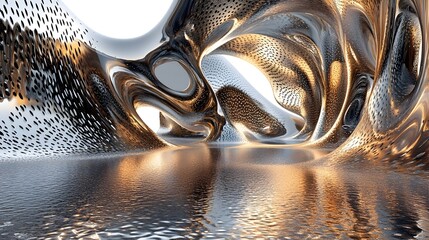 Poster - A conceptual image showcasing a reflection on a metallic surface with abstract geometric shapes patterns and forms visible providing ample copy space for design elements or text