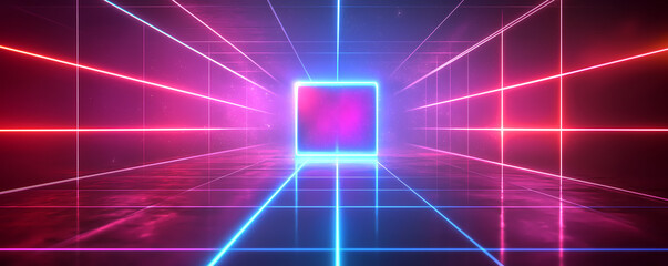 A futuristic neon grid tunnel leads to a glowing portal, creating a vibrant and immersive sci-fi scene.