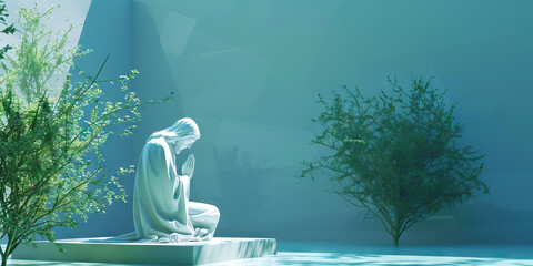 A minimalist sculpture of Jesus praying in a peaceful garden, with cool blues and greens evoking a sense of calm.