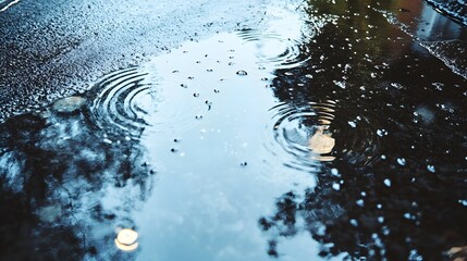 Poster - Conceptual image of a serene puddle reflection with the image distorted by the presence of raindrops on the surface