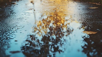 Poster - Conceptual nature landscape photography of a distorted reflection in a puddle of water with the image obscured and abstracted by raindrops creating a serene ethereal