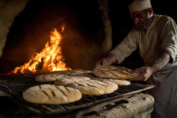 Bread Baking in a Traditional Oven: A baker placing loaves of bread into a traditional wood-fired oven. The warm glow from the fire illuminates the scene, with the bread rising in the background, symb