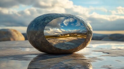 Poster - A conceptual image of a reflection on a polished stone showing an alternate surreal landscape within the stone s surface with ample copy space for text overlays or graphic elements