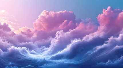 Poster - Conceptual image of wispy clouds merging into a seamless fluid wave pattern that spans across the sky creating a serene and minimalist atmospheric background
