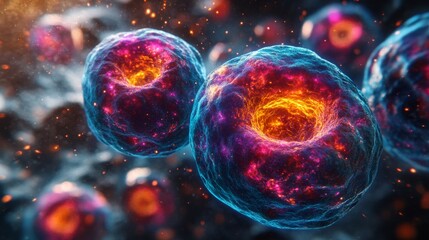 Poster - Vibrant holographic cellular models display intricate details, showcasing energy interactions and biological complexity in a digital environment.