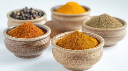 Assortment of Indian spice powders in small ceramic dishes, including turmeric, cumin, and coriander, on a white surface, no people.