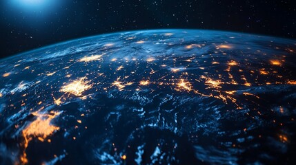 Poster - Bright city lights reflect the interconnectedness of global communication networks, viewed from a holographic perspective above Earth at night.