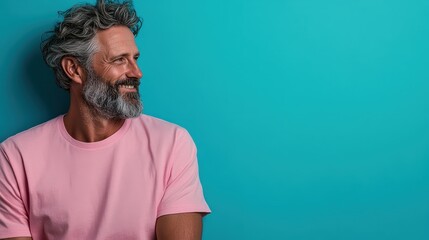 A man with gray hair and a beard is wearing a light pink t-shirt and leaning against a teal-colored wall, gazing to the side thoughtfully, exuding a cool, reflective demeanor.