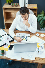 Poster - businessman, tech and serious with planning as accountant, professional or administration in financi