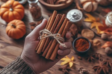 Male hand holding a bundle of cinnamon sticks on a rustic autumn-themed background