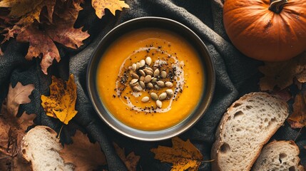 A cozy flat lay of a steaming bowl of pumpkin soup, surrounded by toasted seeds, fresh bread, and autumn leaves on a linen tablecloth