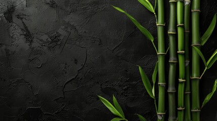 Wall Mural - Green bamboo stalks with fresh leaves stand against a dark, textured black background. The contrast highlights the natural beauty of the bamboo, emphasizing its vibrant color and smooth surface