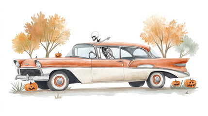 Wall Mural - Vintage Car with Skeleton Driver for Halloween Decor