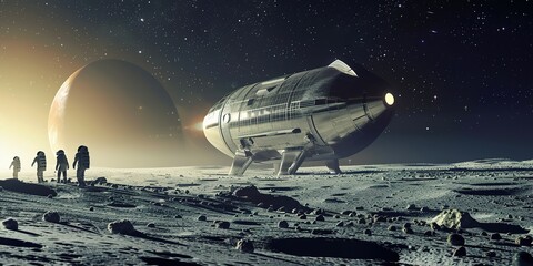 explorers walk on alien moon with spacecraft and giant planet.