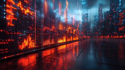 Poster - Holographic displays project data patterns across a futuristic cityscape at night, highlighting advanced technology and innovation.
