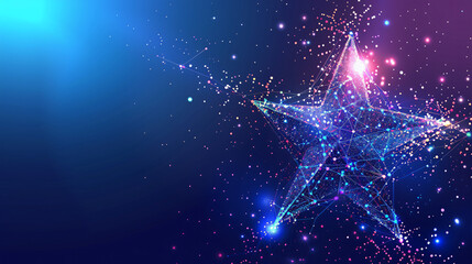 Poster - bright shining polygonal star with connecting lines and dots on a blue background, perfect for copy 