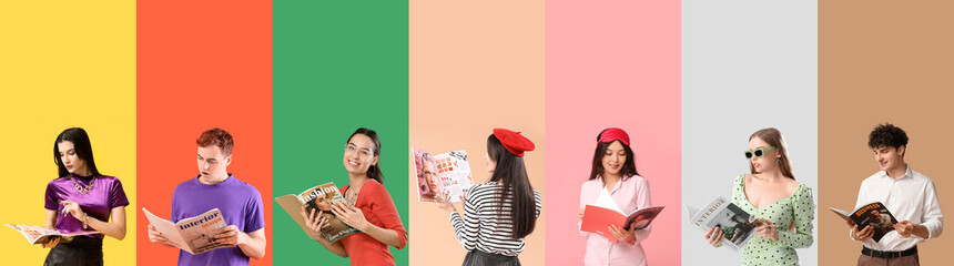 Wall Mural - Set of different people with magazines on color background