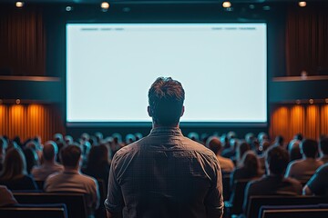 Poster - A crowd gathers in a conference hall as an audience member focuses on an empty presentation screen, highlighting anticipation for upcoming discussions and presentations