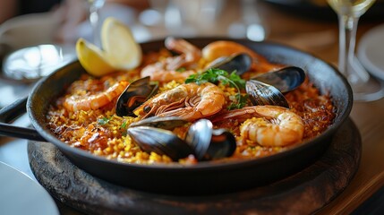 Wall Mural - A vibrant plate of seafood paella features plump shrimp and mussels atop a bed of saffron-infused rice, garnished with parsley and lemon wedges