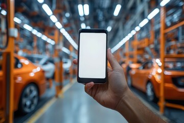 Aufkleber - In a vibrant car manufacturing facility, a person displays a smartphone with a blank screen, surrounded by orange vehicles. The setting is active and industrious, highlighting modern technology