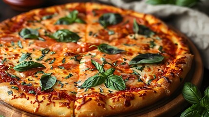 Wall Mural - A pizza with basil leaves on top