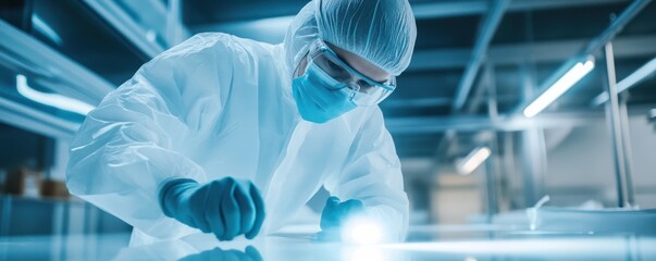 Poster - technician in protective suit inspecting a cleanroom environment with precision and focus, highlight