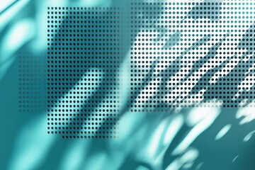 Poster - Soft sunlight filters through leaves, creating intricate shadow patterns on a turquoise wall covered with small perforations in an aesthetic display