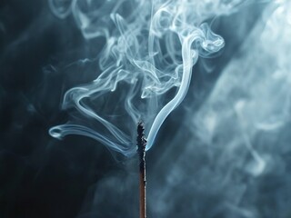 Wall Mural - A burnt matchstick with wispy white smoke rising against a dark background.