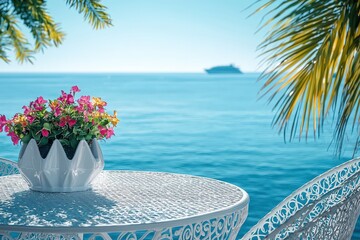 Poster - A serene coastal setting showcases a flower pot filled with colorful blooms resting on a white table, with a calm sea and a ship on the horizon under bright blue skies