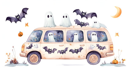 Wall Mural - Cute Halloween Van Illustration Perfect For Greeting Cards, Invitations and More