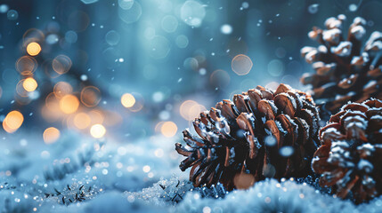 Poster - two pine cones laying in the snow on a cold winter night with falling snow and bokeh lights in the b