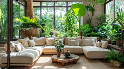 Aufkleber - A spacious living area features a large, comfortable sectional sofa under expansive windows filled with sunlight, surrounded by vibrant plants and greenery